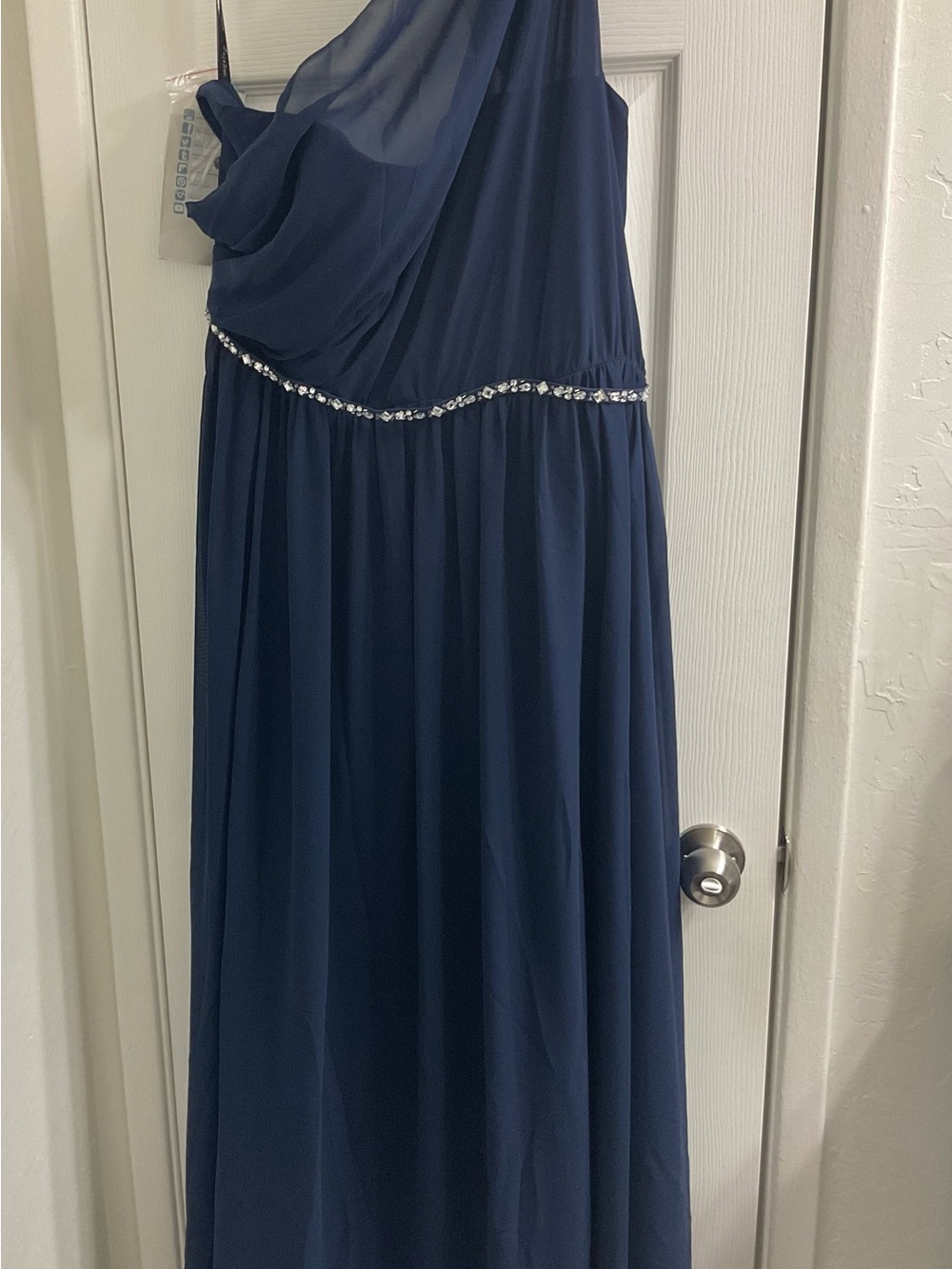 Alfred Angelo Navy One-Shoulder Chiffon Gown with Rhinestone Waist